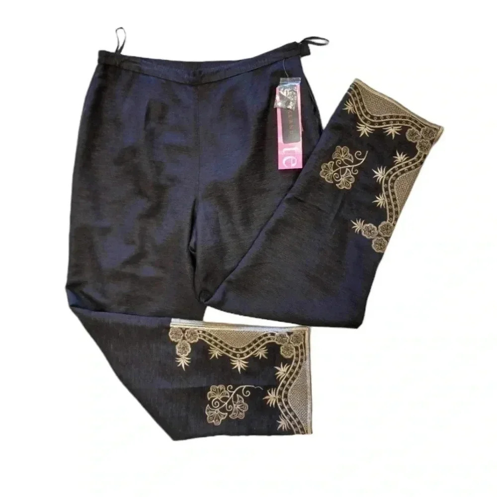Silkland Petite 100% Silk Black & Gold Pants Trousers Size PL/PG
